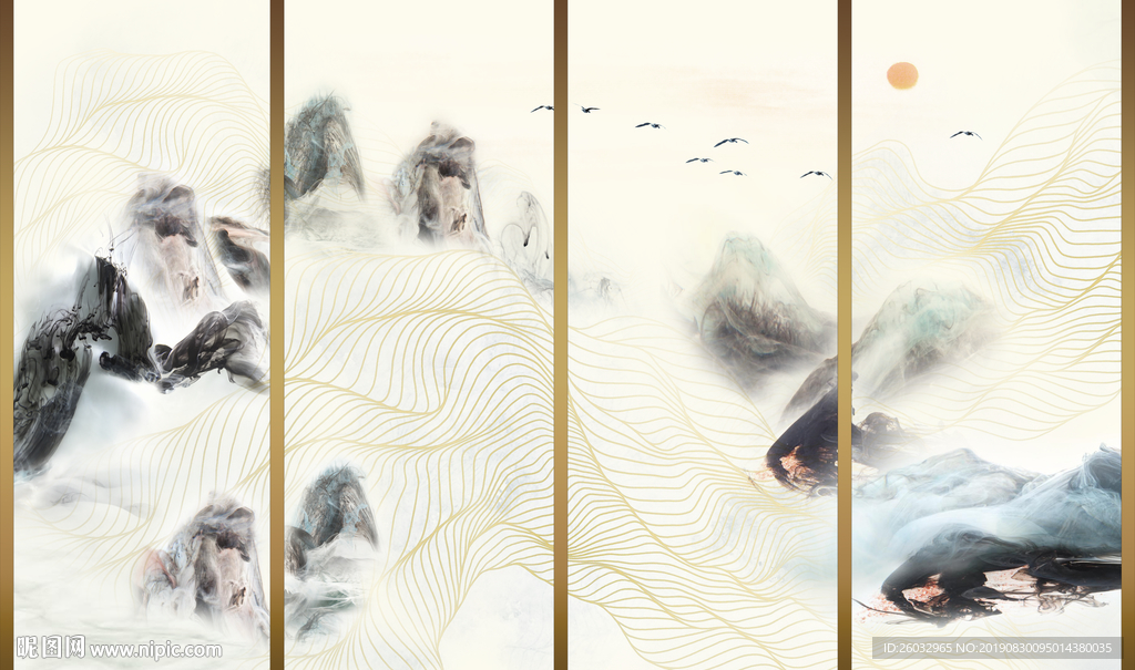 新中式意境抽象水墨山水线条鎏金