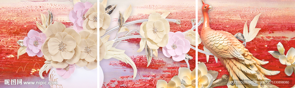 平安富贵手绘花瓶孔雀三联装饰画