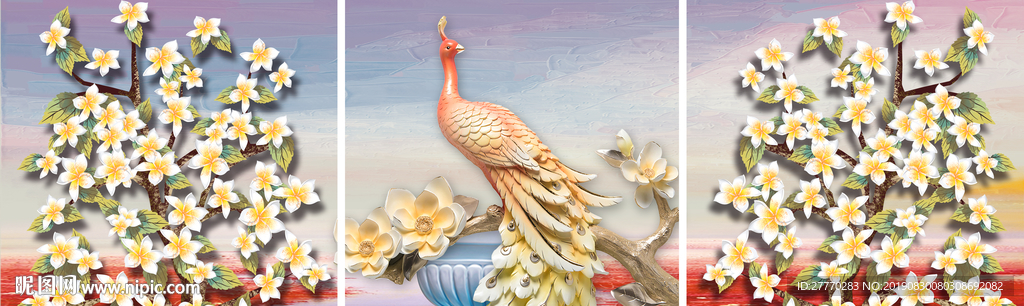 新中式现代怀旧吉祥孔雀三联画