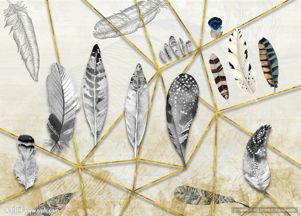 北欧简约时尚羽毛手绘装饰背景墙