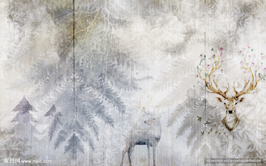 麋鹿抽象画 TIF分层 背景墙