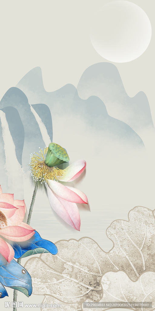 手绘荷花装饰画 TIF分层