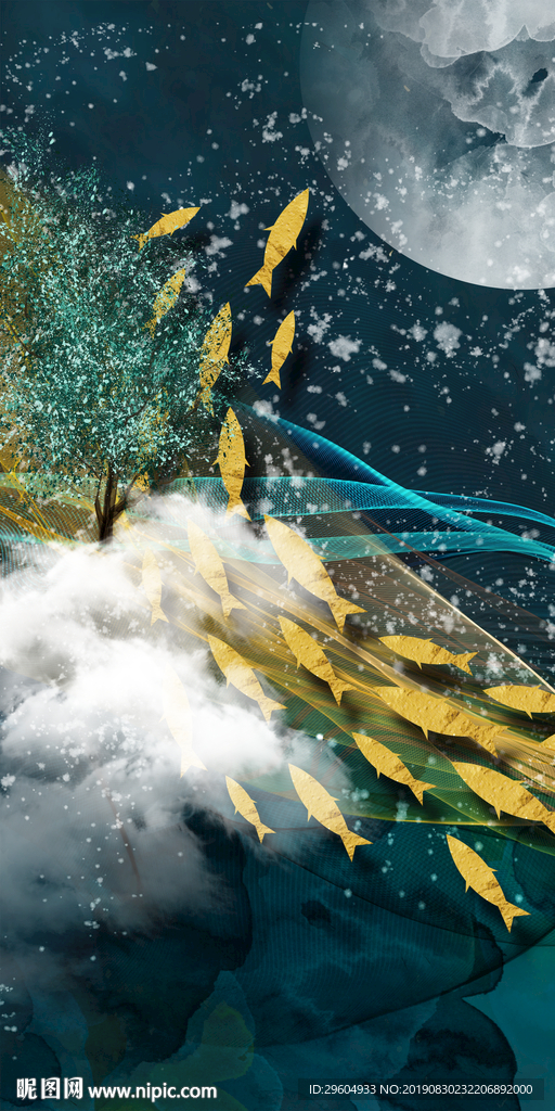 金色鱼装饰画TIF分层 抽象画