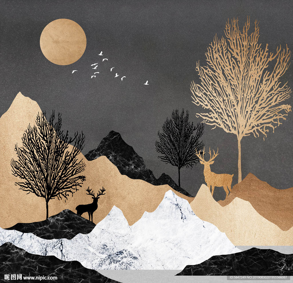 现代简约金色山水发财树装饰画