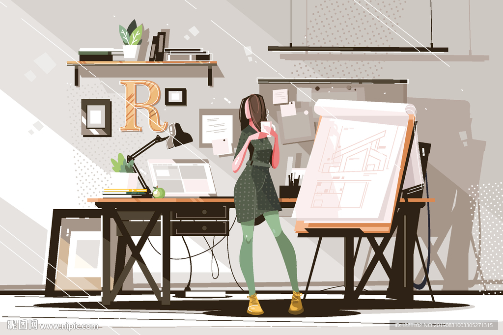 女孩建筑师拿着热咖啡