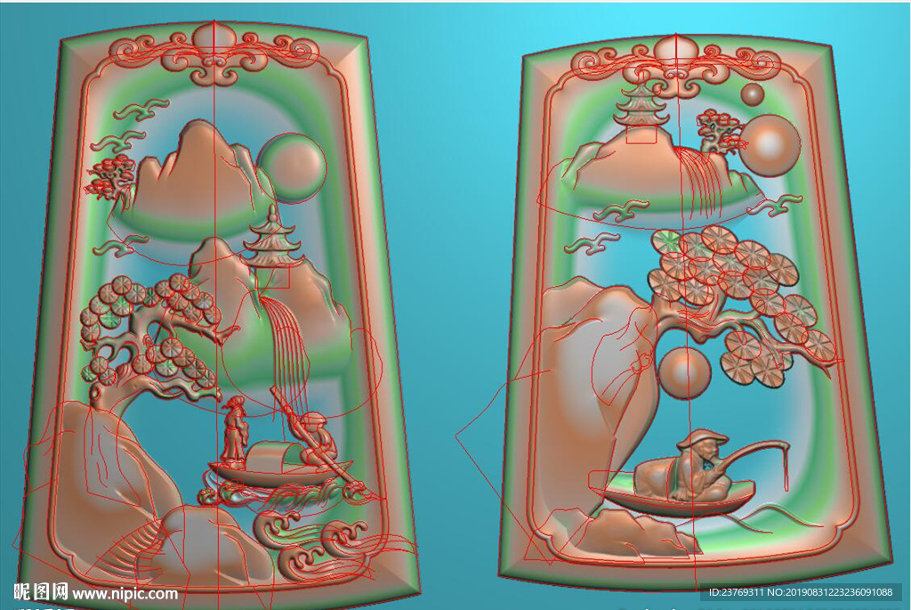 蝙蝠洋花牌头山水人物挂件精雕图