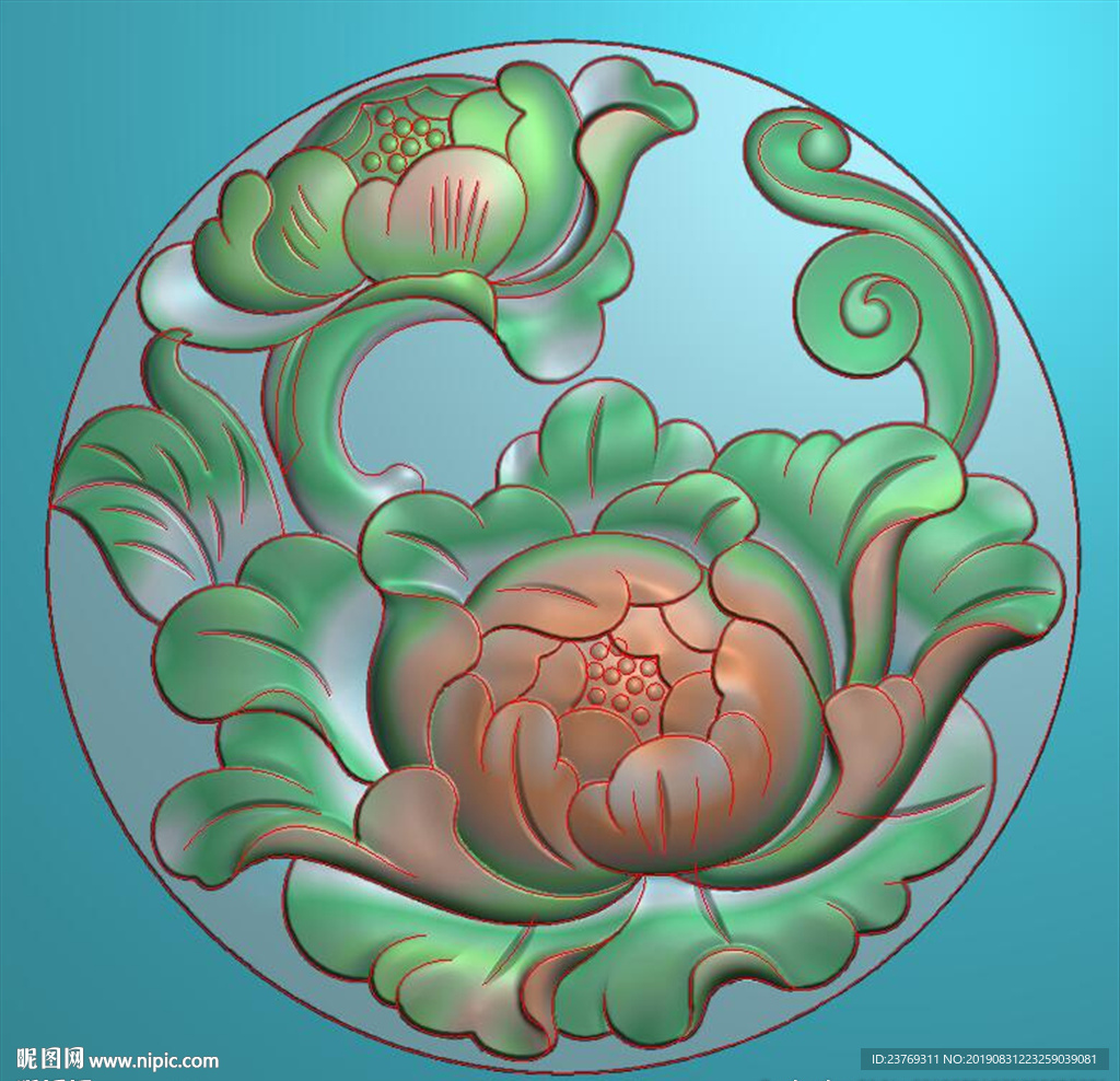 圆形玉雕牡丹花挂件精雕图浮雕图