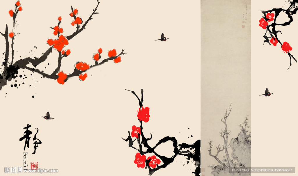 手绘工笔梅花蝴蝶中式背景墙壁画