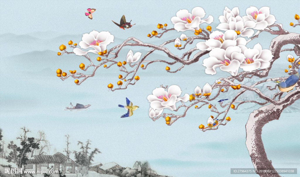 玉兰花水墨山水电视背景墙