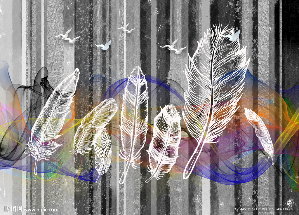 北欧简约时尚羽毛手绘装饰背景墙