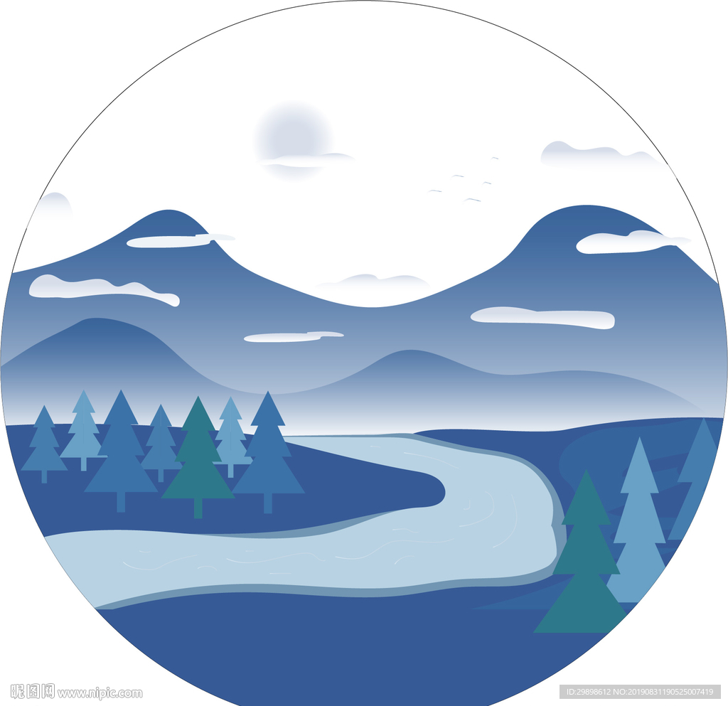 圆形水墨山水矢量图
