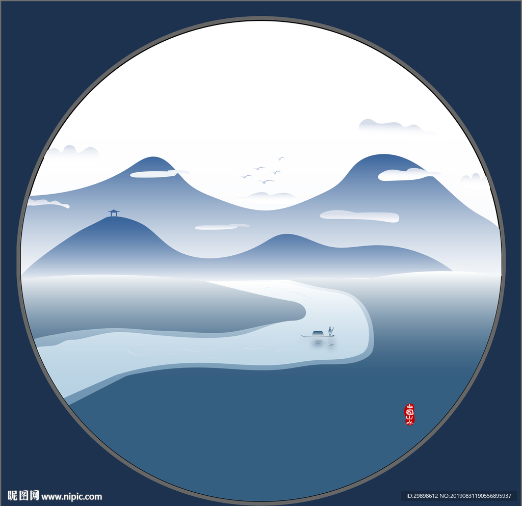 圆形中国山水矢量图
