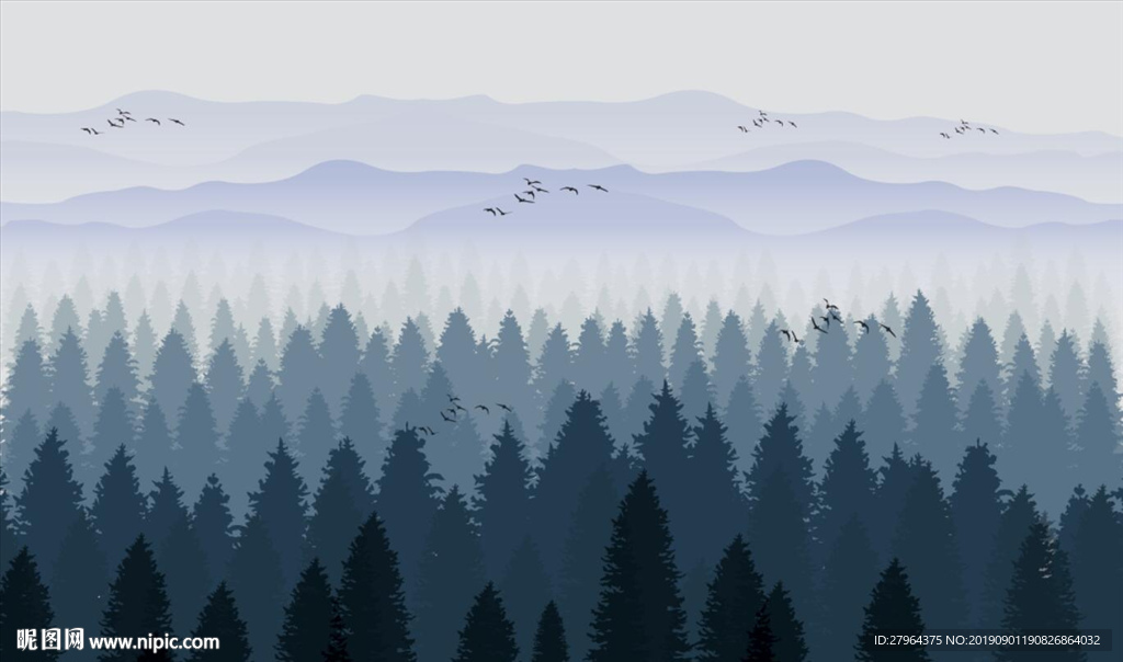 现代简约山水树林电视背景墙