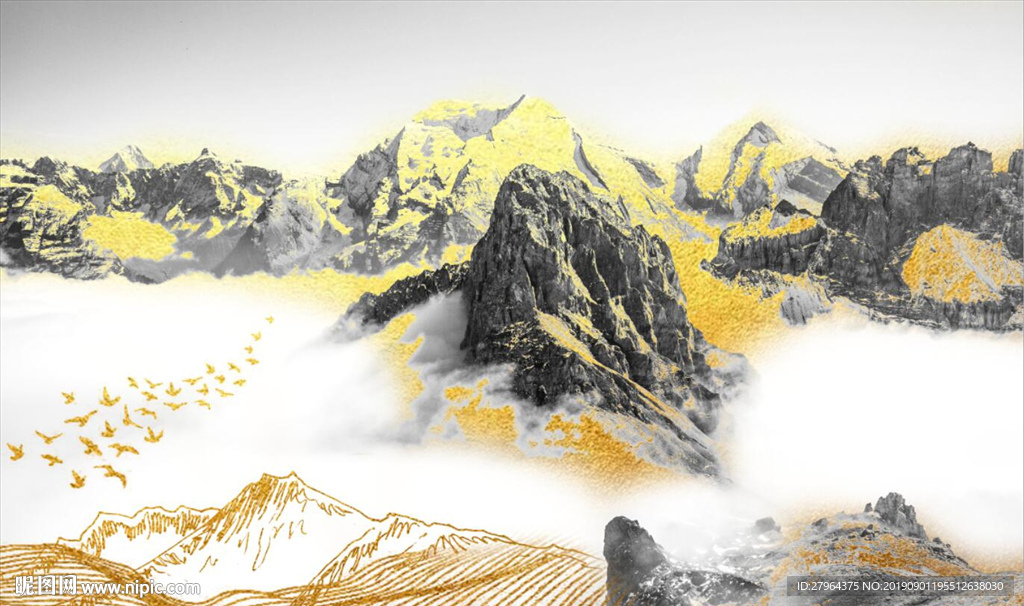 抽象金色水墨山水电视背景墙