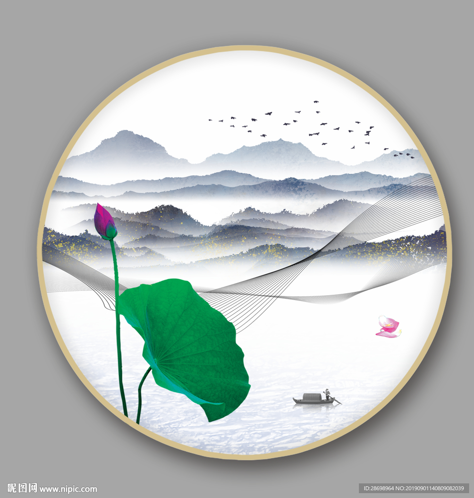 山水荷花装饰图