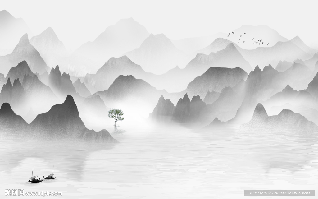 灰色风景山水画 TIF分层