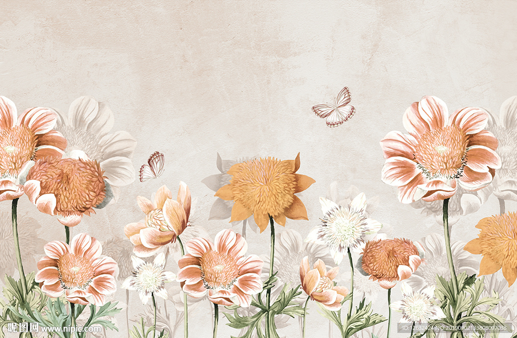 复古大丽菊花卉室内沙发背景墙