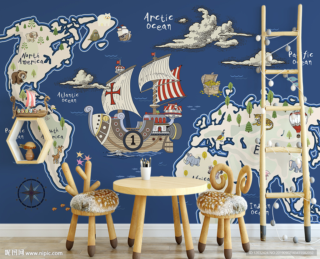 原创手绘世界动物藏宝图航海壁画