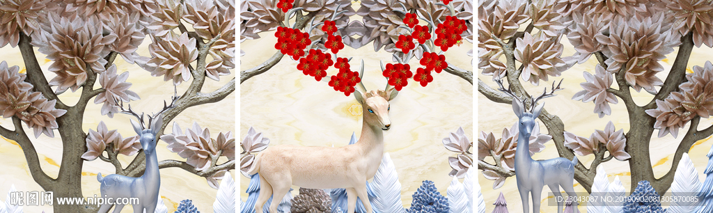 体浮雕麋鹿发财树北欧三联装饰画