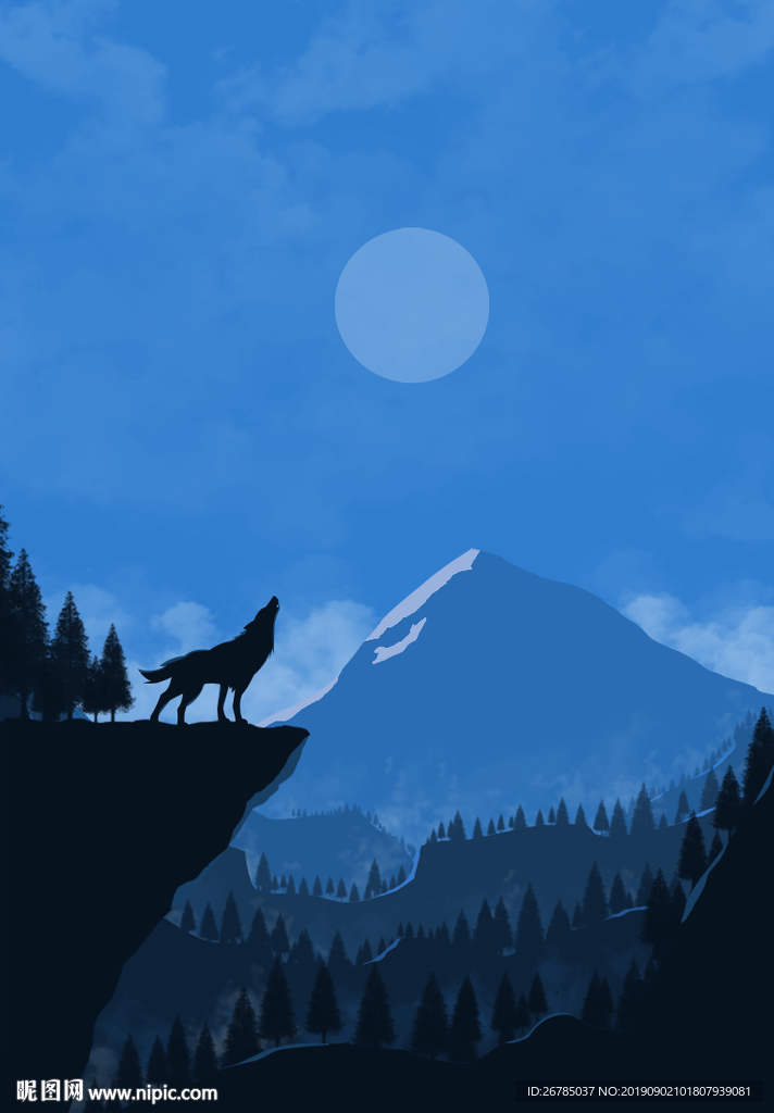 月色狼插画