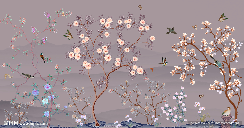 手绘工笔花鸟国画中式背景墙壁画