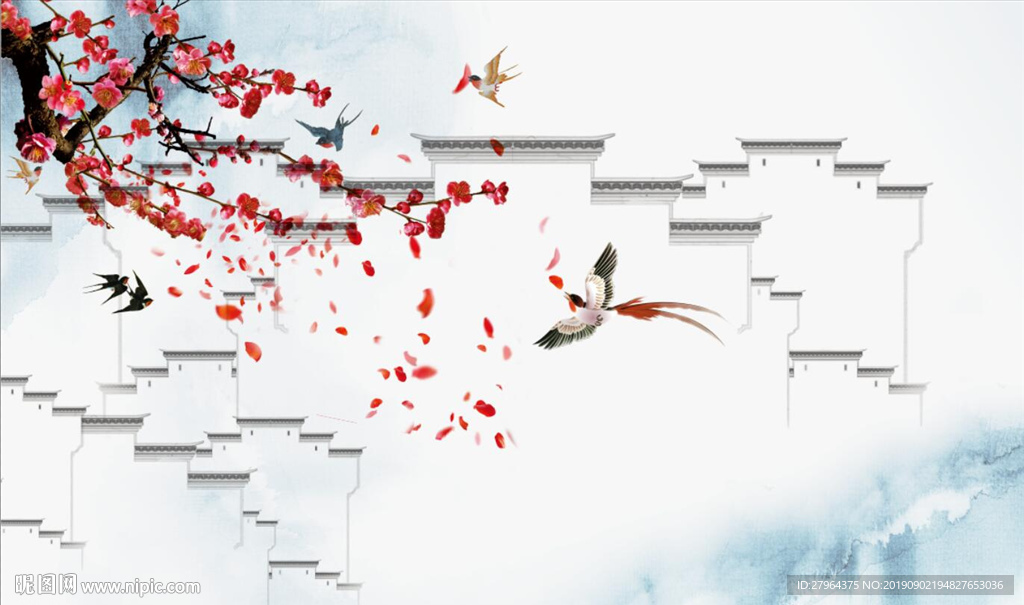 桃花鸟儿温馨画面背景墙