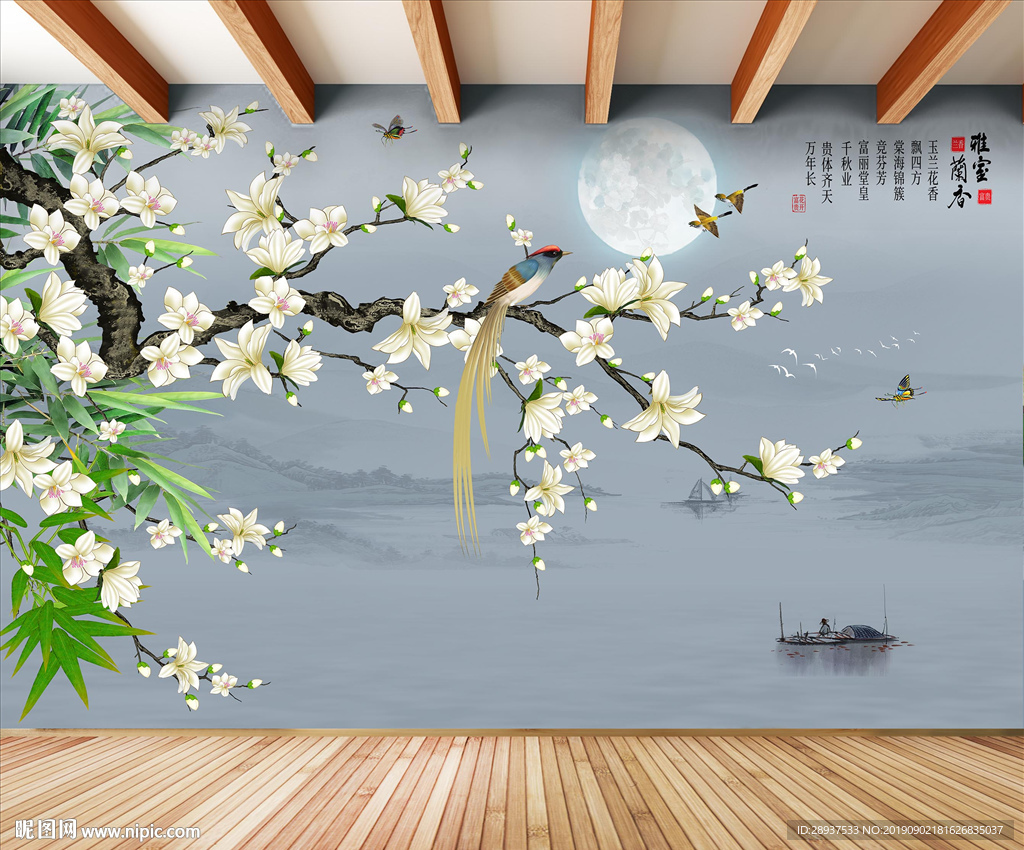 原创手绘玉兰喜鹊雅诗兰香背景墙
