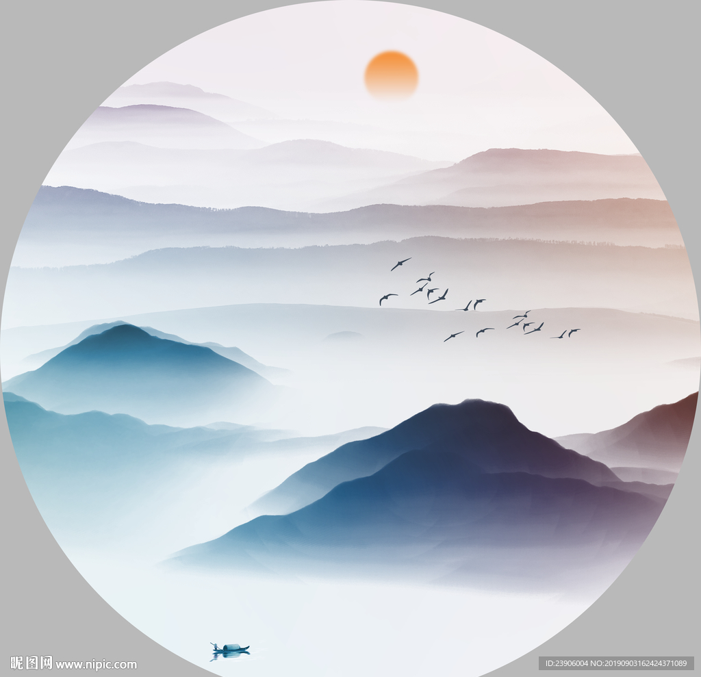 山水玄关画 圆形山水装饰画