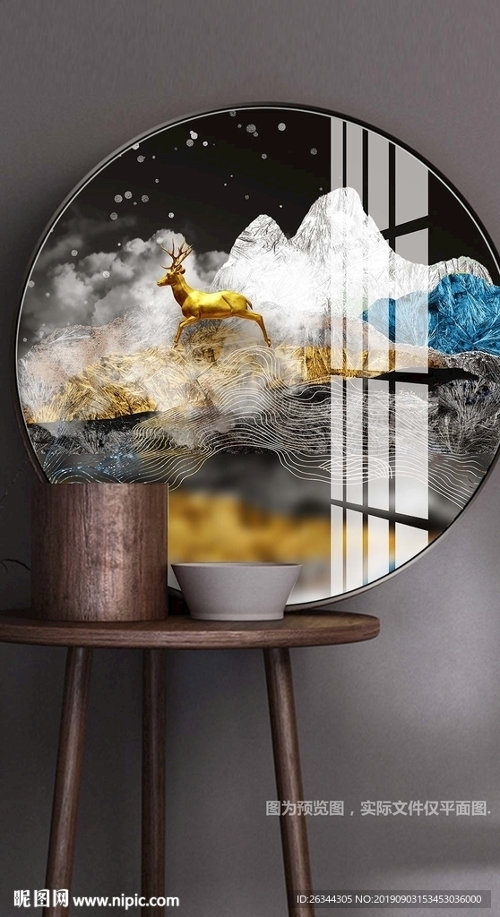 新中式奢华山水麋鹿圆形晶钻画