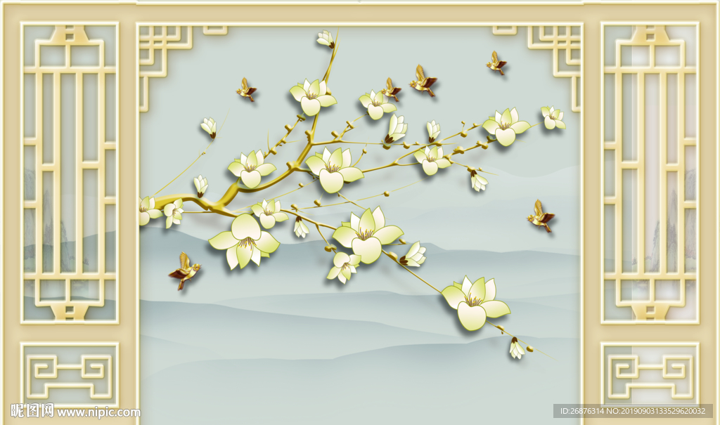 新中式手绘花鸟玉雕造型边框背景
