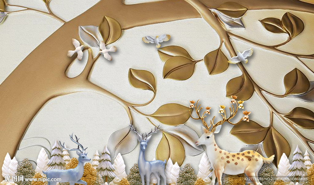 麋鹿金色背景墙手绘北欧树林背景