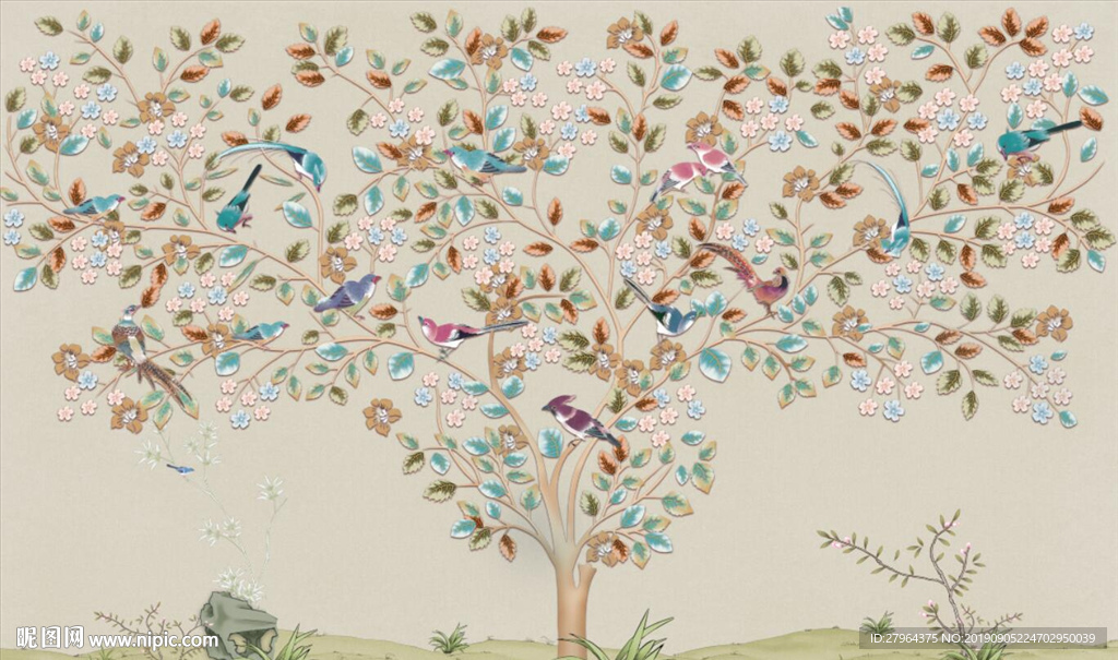 中式工笔画花鸟电视背景墙