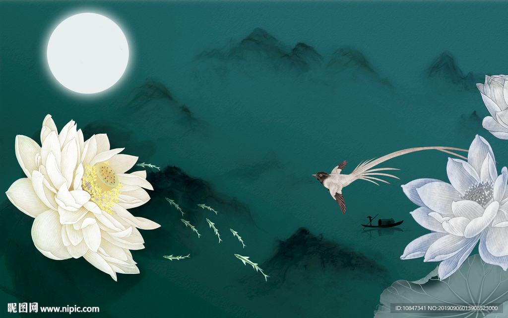 中国风荷花水墨画 TIF分层
