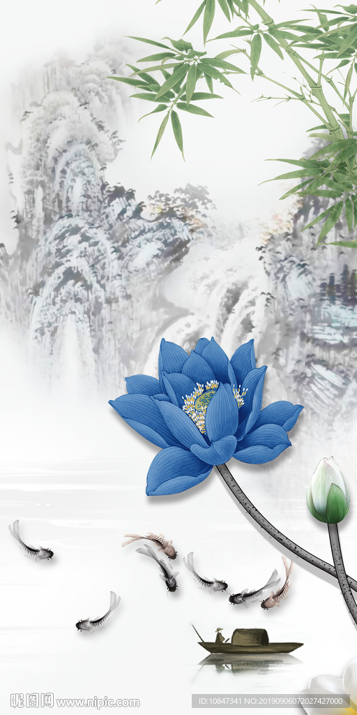 国画荷花山水画 TIF分层