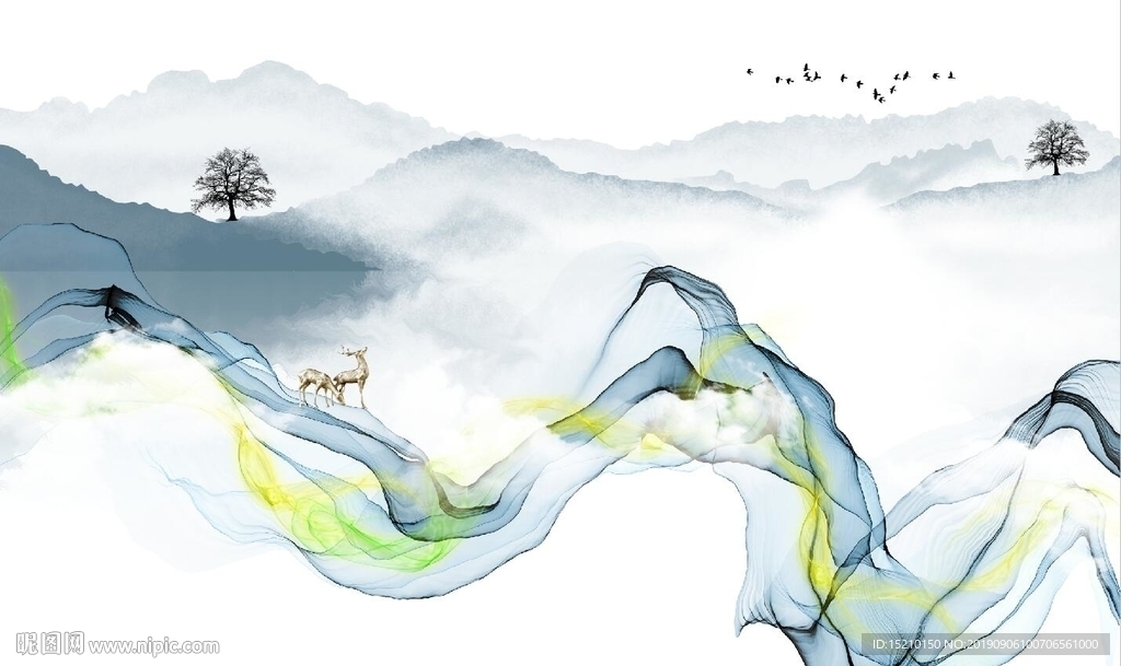 水墨山水线条电视背景墙