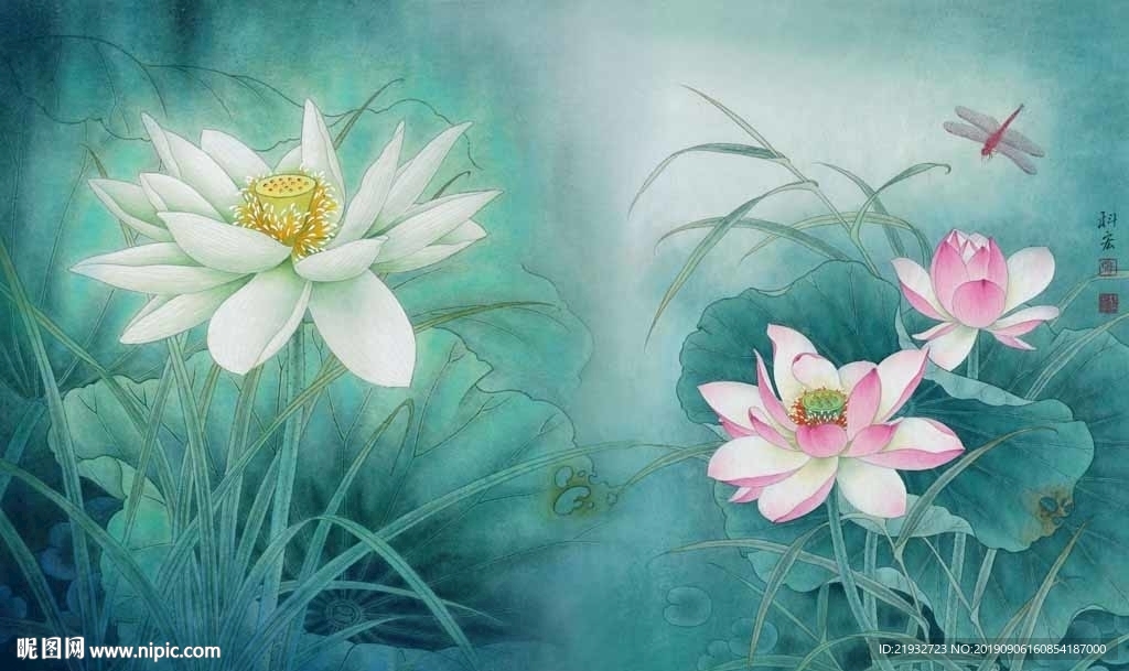蓝色荷花图