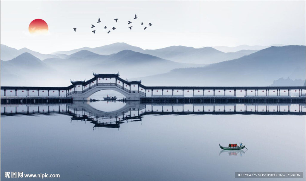 新中式飞鸟徽式山水背景墙