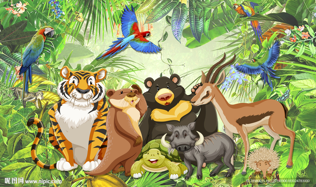 卡通热带雨林植物动物背景墙