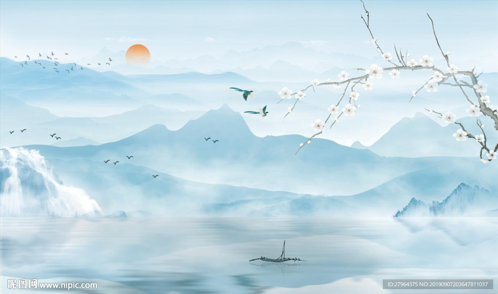 新中式云雾唯美山水电视背景墙