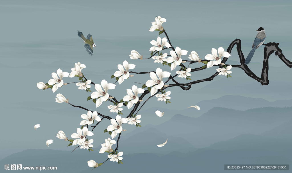 新中式手绘工笔玉兰花鸟电视背景