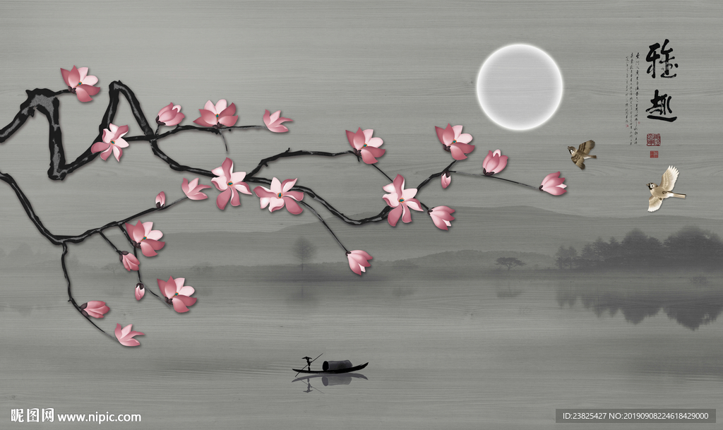 新中式手绘玉兰花鸟电视背景墙