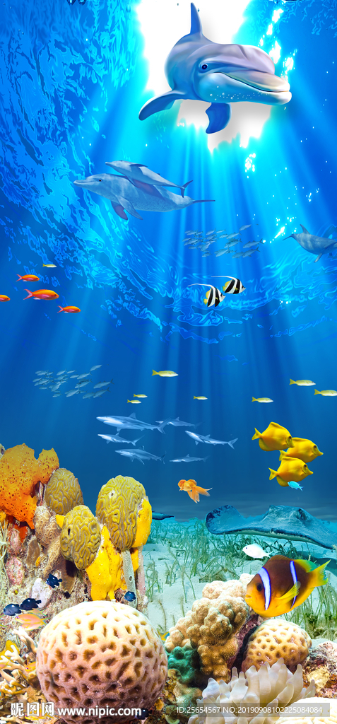蓝色海底世界海豚母子立体玄关