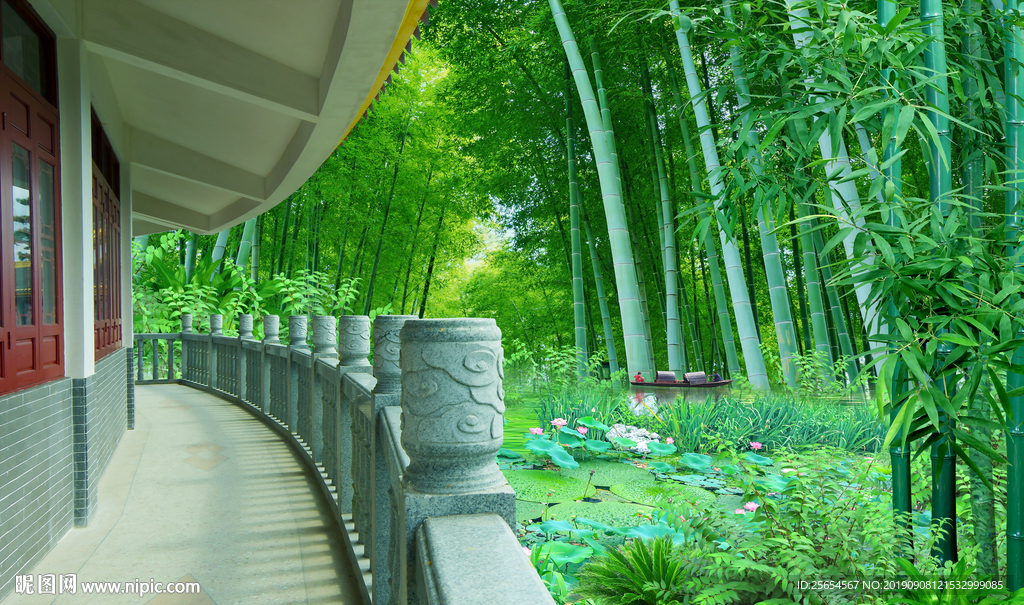 竹林走道小溪背景墙
