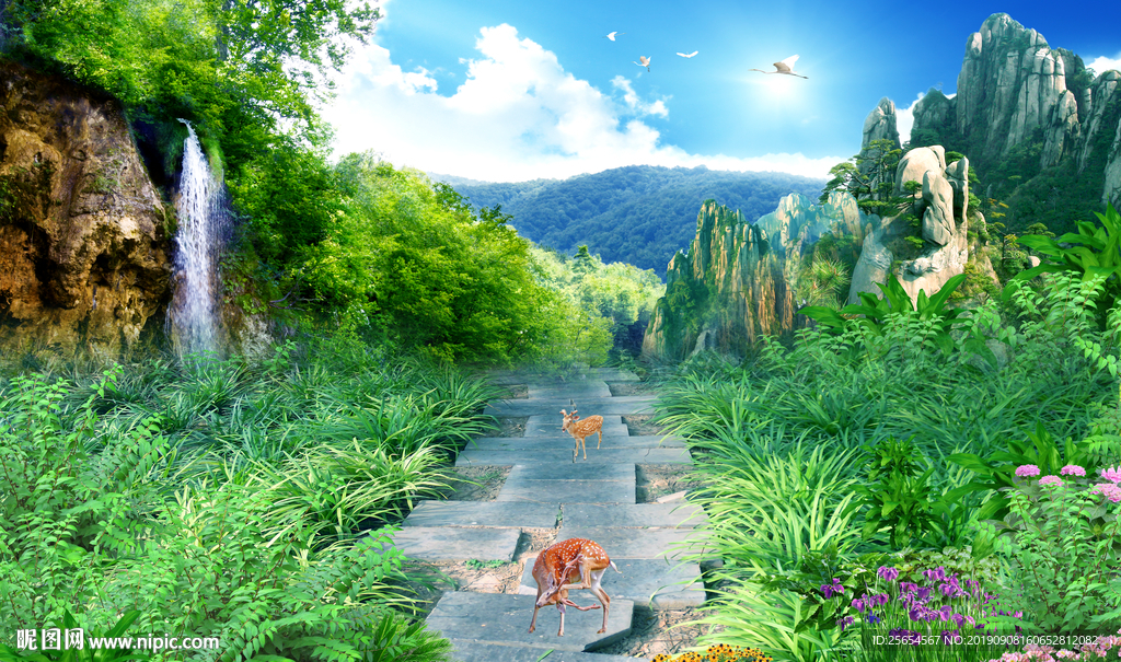 流水风景走道背景墙