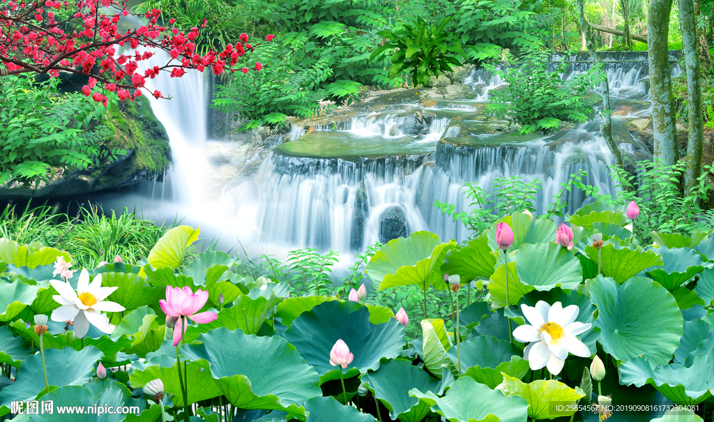 流水荷花背景墙