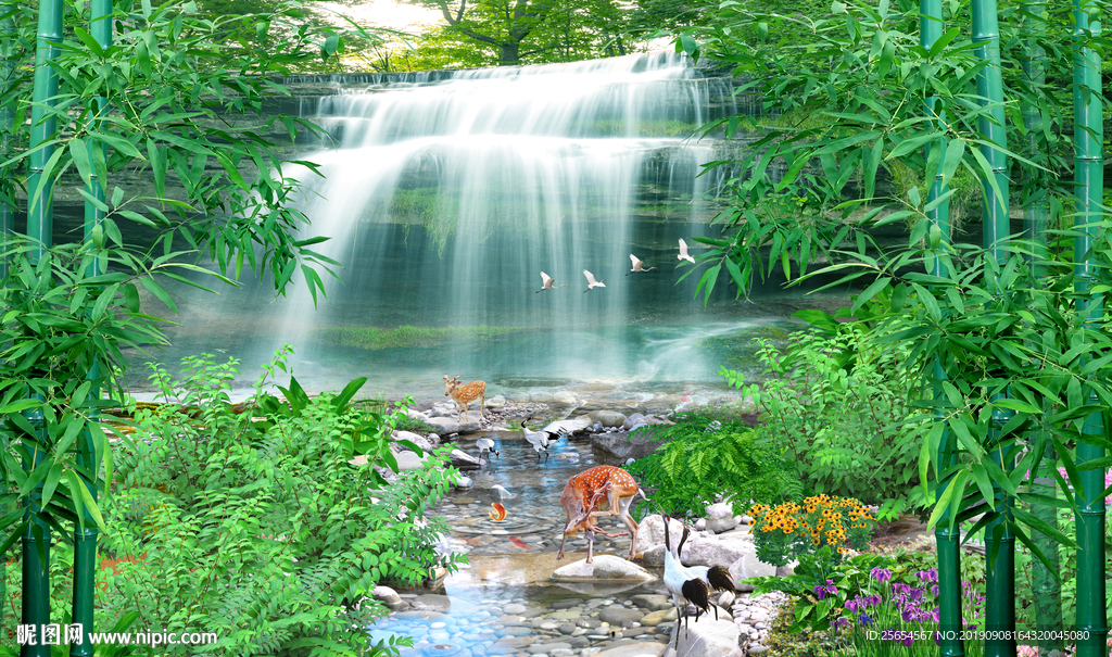 流水瀑布山水风景背景墙壁画
