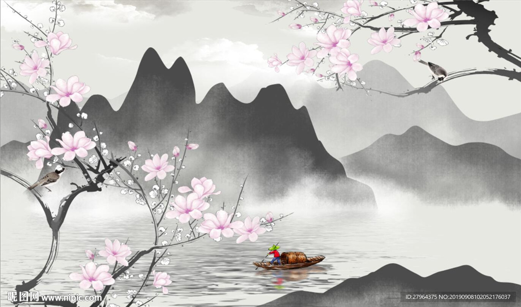 新中式水墨山水画梅花电视背景墙