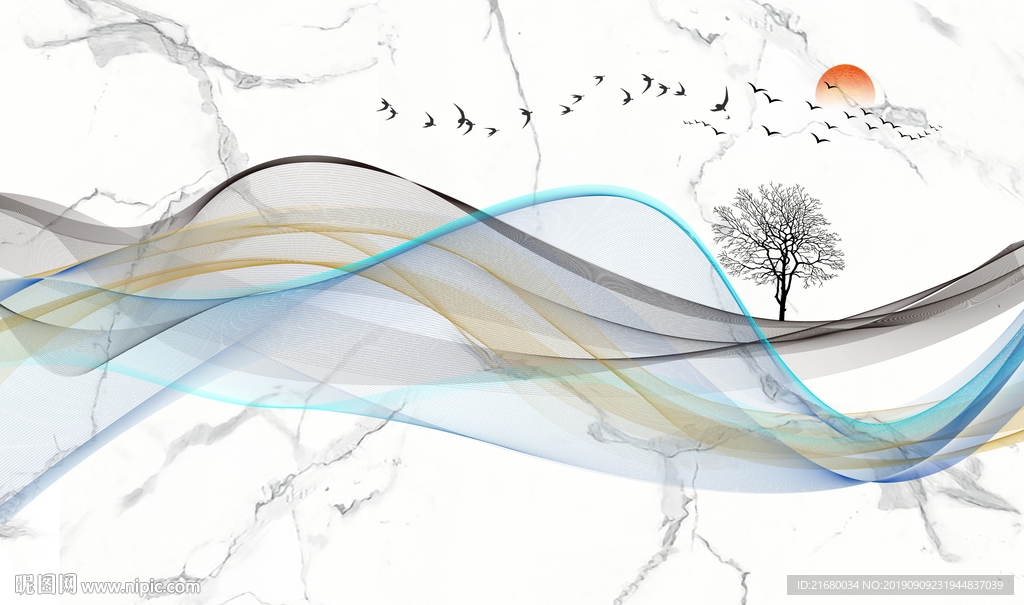 新中式山水抽象线条背景墙