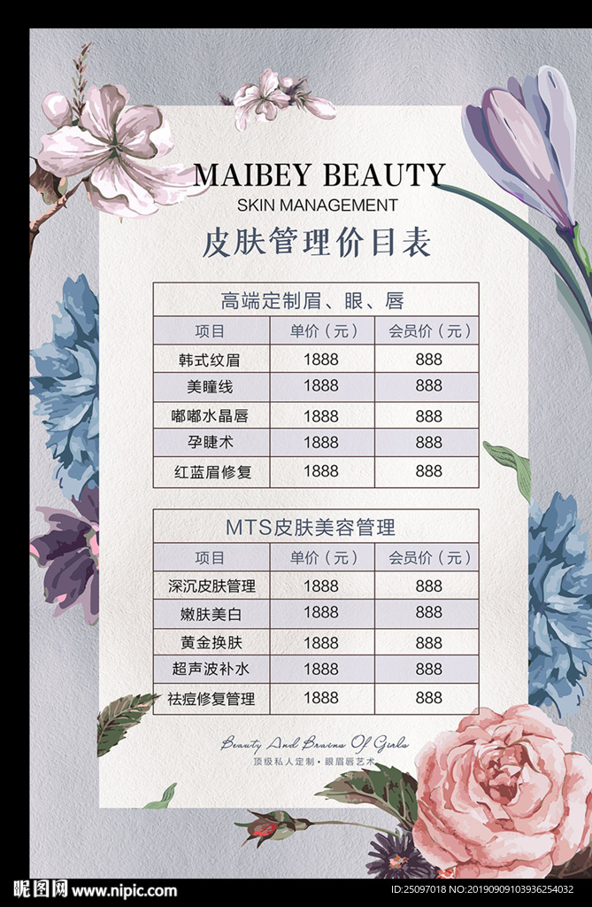 皮肤管理价目表