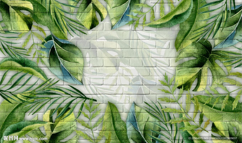 小清新绿色叶子植物墙砖背景墙